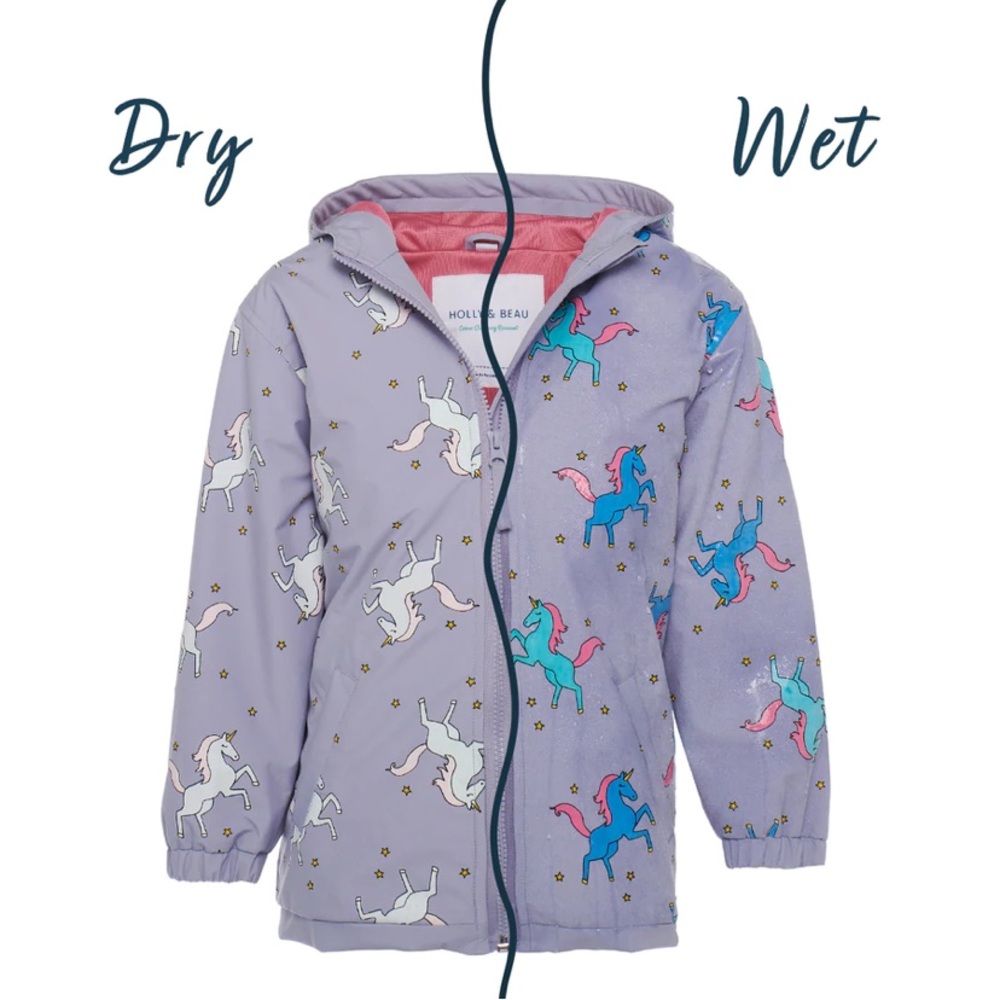 Magic Color changing kids pack-away raincoat by Holly & Beau. New w tags!